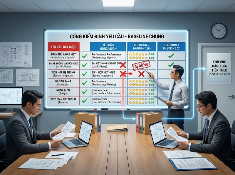 So sánh giải pháp công nghệ theo cùng yêu cầu, tiêu chí, trọng số và dữ liệu